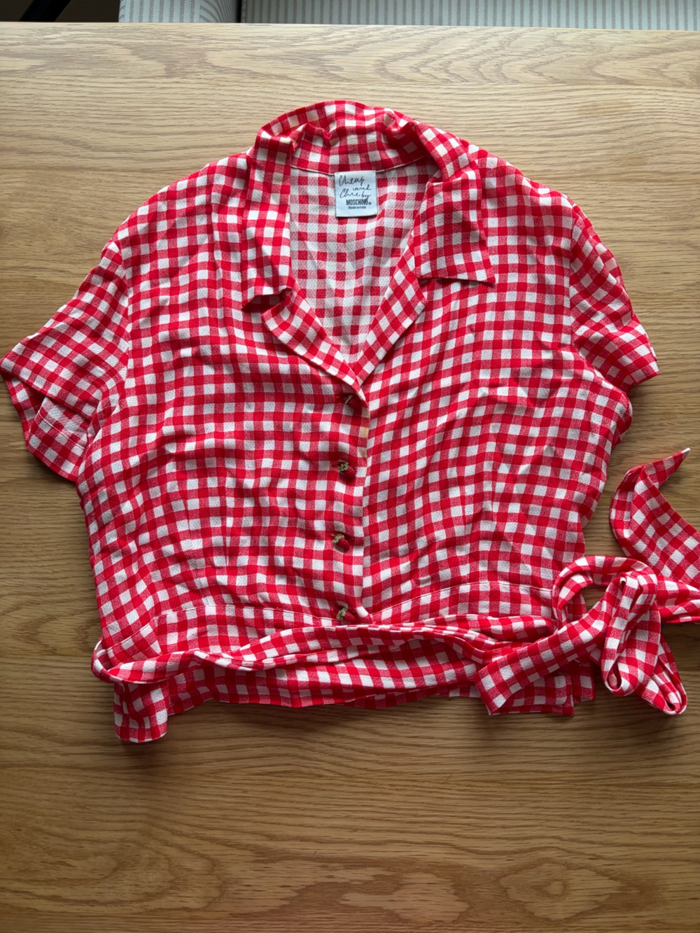 Moschino Red and White Gingham Tie-Waist Button Shirt